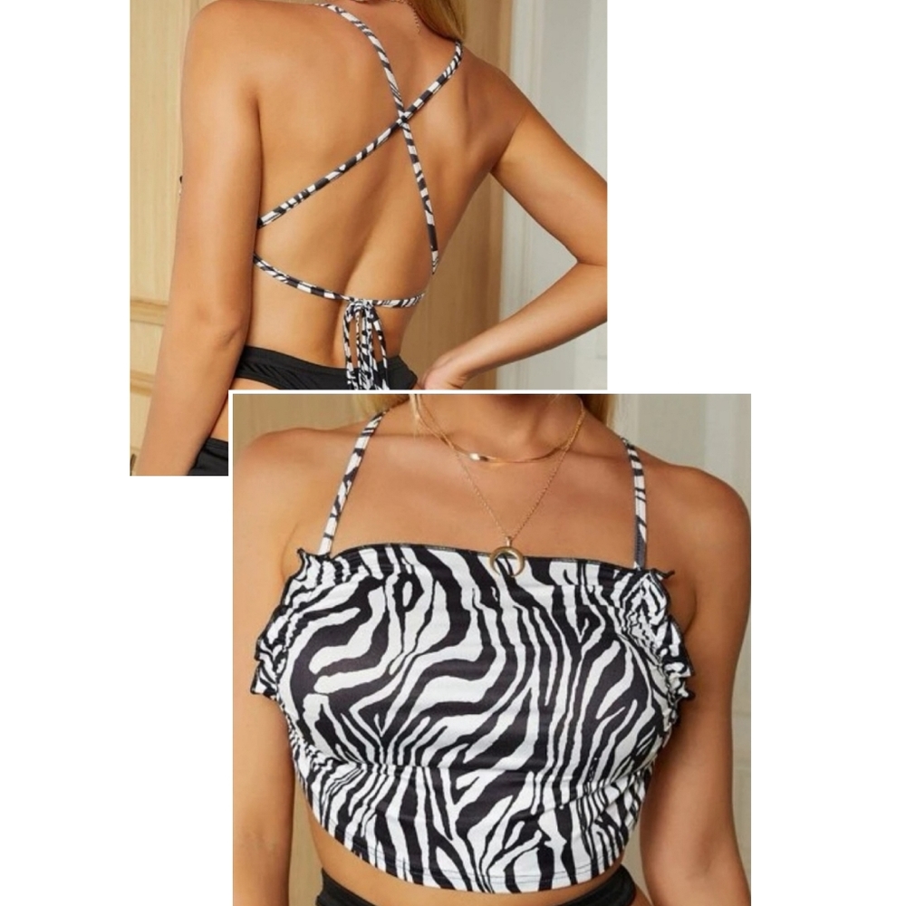 Zebra Print Top Tie Straps Open Back Size Large